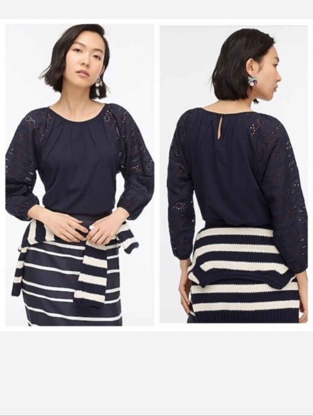 J. Crew Navy Eyelet Long Sleeve Knit Top